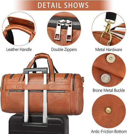 Travel Duffel Bag for Men, Large PU Leather Carry on Duffle Bag for Traveling, Waterproof Overnight Weekender Gym Bags with Shoe Compartment - Perfect for Daily Use/Birthday Gift