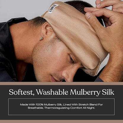 Lunya Weighted Silk Sleep Mask – Mulberry Silk Eye Cover with Cooling Glass Beads, Noise-Reducing Fit, Washable Fabric, and Travel Pouch – Sleeping Mask for Men and Women - Hushed Tan - Small