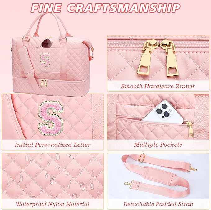 Gifts for Women Girls Initial Travel Duffle Bag Quilted Weekender Carry-On Overnight with Cosmetic Bag, Gym Bag with Shoe Compartment, Pink S