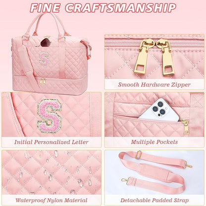 Gifts for Women Girls Initial Travel Duffle Bag Quilted Weekender Carry-On Overnight with Cosmetic Bag, Gym Bag with Shoe Compartment, Pink S