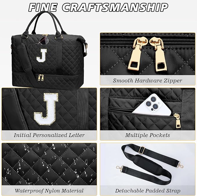 Gifts for Women Girls Initial Travel Duffle Bag Quilted Weekender Carry-On Overnight with Cosmetic Bag, Gym Bag with Shoe Compartment Hospital Bag for Labor Delivery, Black J