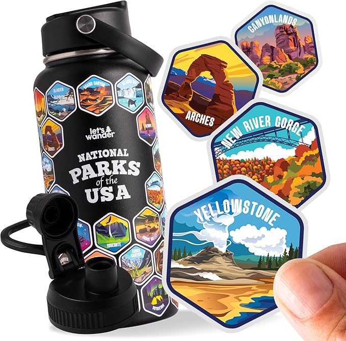 LET'S WANDER National Parks Water Bottle 2.0 Ultimate Bundle | Includes Straw Lid, Chug Lid and 2 Sets of 63 Waterproof Stickers | 32oz Leakproof Insulated Stainless Steel Gift Pack (Black)