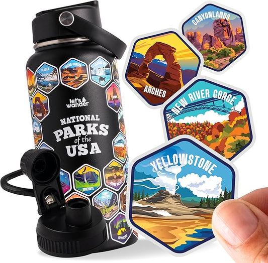 LET'S WANDER National Parks Water Bottle 2.0 Ultimate Bundle | Includes Straw Lid, Chug Lid and 2 Sets of 63 Waterproof Stickers | 32oz Leakproof Insulated Stainless Steel Gift Pack (Black)
