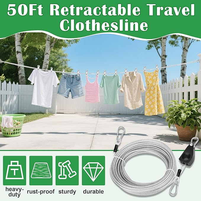 Windspeed 50Ft Retractable Clothesline Outdoor Heavy Duty Travel Clothesline Retractable Clothes Line for Outside Travel Camping Clothes Line, Galvanized Steel Material, with 10 Clips, Storage Bag