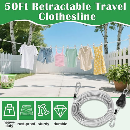 Windspeed 50Ft Retractable Clothesline Outdoor Heavy Duty Travel Clothesline Retractable Clothes Line for Outside Travel Camping Clothes Line, Galvanized Steel Material, with 10 Clips, Storage Bag
