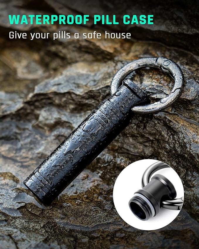 TISUR Small Keychain Pill Holder ，Titanium Metal Travel Pill Case Portable Pill Organizer Container for Purse Waterproof EDC Medicine Bottle C34 (1PC Tiny Pill Case-Black)