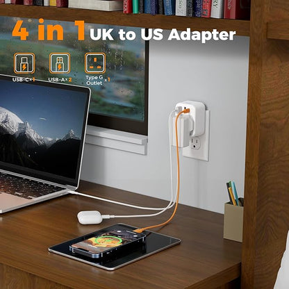 TESSAN UK to US Plug Adapter, UK Adapters for Travel with AC Outlet 3 USB (1 USB C), Type G Power Adapter Ireland London Scotland Kenya Dubai Singapore to Type B USA Travel Adaptor