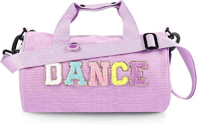 Dance Ballet Bag for Girls Sport Gym Duffle Bags Overnight Travel Bags Fun Dance Corduroy Chenille Letter Bag for Dancers (Purple)