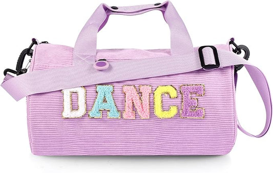Dance Ballet Bag for Girls Sport Gym Duffle Bags Overnight Travel Bags Fun Dance Corduroy Chenille Letter Bag for Dancers (Purple)
