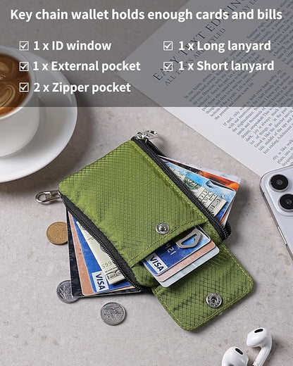 Minimalist Wallet For Mens Womens, Keychain RFID Blocking Zipper Small Wallet with ID Window 2 Lanyards,Water Resistant Travel Cash Card Coin Case Boys Girls