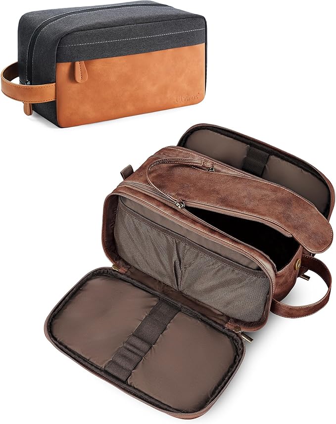 Elviros Travel Toiletry Bag Gift for Men，Mens Toiletries Bag Gifts Set Shaving Dopp Kit Water-resistant Bathroom Toiletries Organizer PU Leather Cosmetic Bags 2 Pack