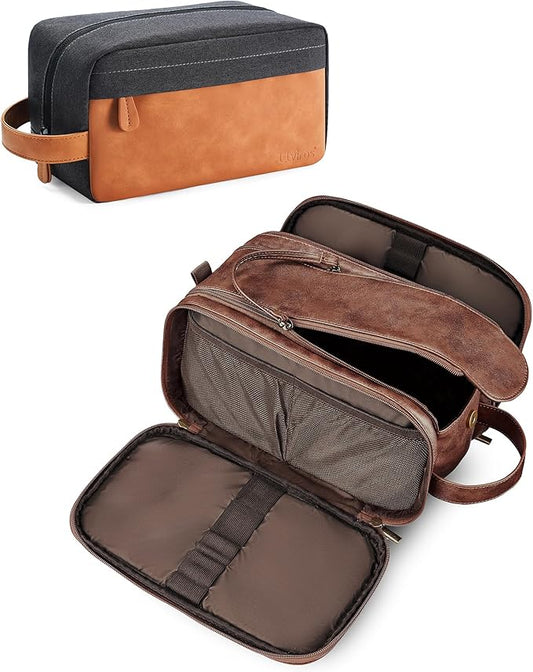 Elviros Travel Toiletry Bag Gift for Men，Mens Toiletries Bag Gifts Set Shaving Dopp Kit Water-resistant Bathroom Toiletries Organizer PU Leather Cosmetic Bags 2 Pack