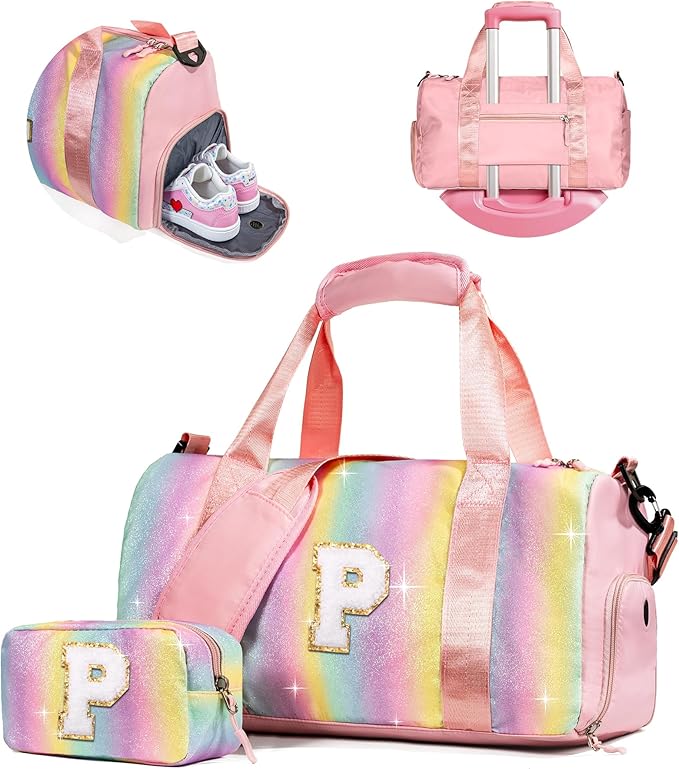 Preppy Gifts Gifts for Kids-Girl Gym Bag with Shoe Compartment, Kid Personalized Weekender Overnight Bags, Initial Travel Tote with Makeup Pouch, Valentines Day Gift (Letter P)
