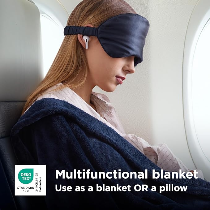 Bedsure Travel Blanket Airplane Compact with Storage Bag, Packable Blanket with Eye Mask, Lightweight 2-in-1 Travel Essentials, Functioned as Pillow for Airplane Comfort and Warmth, Navy