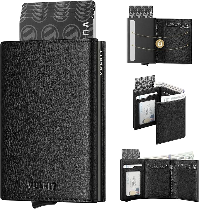 VULKIT Pop up Card Wallet Minimalist Cash Wallets RFID Blocking Leather Smart Credit Card Holder with ID window for Men