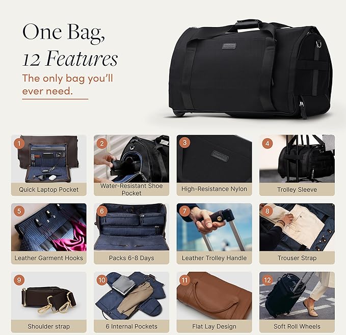 Wool & Oak - NOVA Large Duffle Bag with Wheels - Carry On Garment Duffle Bags for Travel, Overnight, Hospital - Travel Bags with Shoe Compartment & Tech Pocket - Gifts for Men (Nylon, Black)