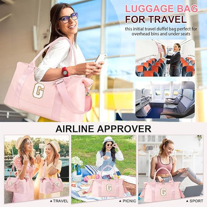 Dance Gym Duffel Bag for Teen Girls, Personalized Initial Travel Weekender Bag,Cute Overnight Carry On Duffle for Women,Sports Travel Cheer Bag,Monogram Christmas Gifts for Tween Preppy(pink-G)