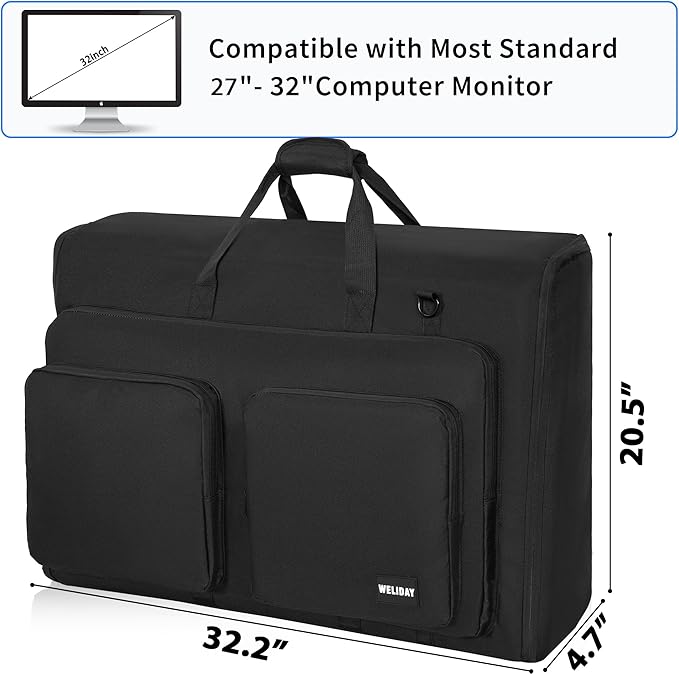 Monitor Carrying Case, Padded Monitor Travel Case, Multi-pocket Monitor Bag for Transporting Screens, Monitors and TVs