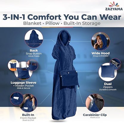 3-in-1 Travel Blanket Airplane – Compact with Bag & Pillow Combo Set, Navy Blue Ultra-Soft Fleece | Packable Blanket Compact | Hidden Pocket | Trolley Sleeve | Carabiner | Travel Essentials