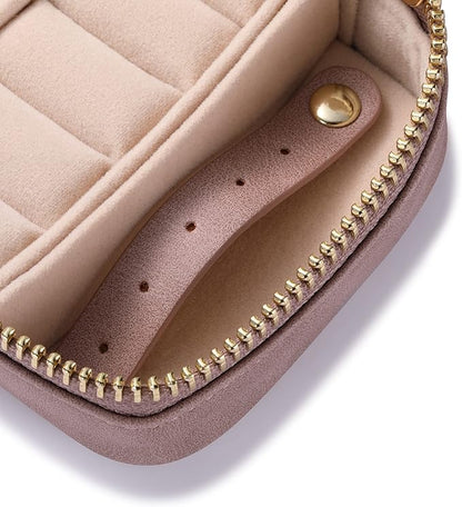 HISCOW Vegan Leather Travel Jewelry Case with Zipper - Portable Necklace & Earring Holder Organizer for Women Girls, Velvet-Lined Ring Box with Anti-Tarnish Design, Grayish Purple