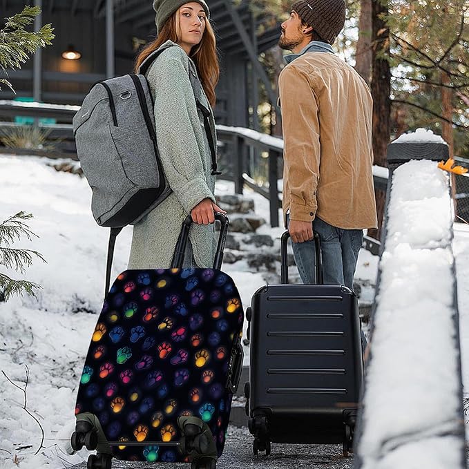 ANNA QUEEN Glow in the Dark Paw Prints Luggage Cover, Vibrant Rainbow Paw Design, Stretchable, Washable Travel Protector for 20-34 Inch Suitcases