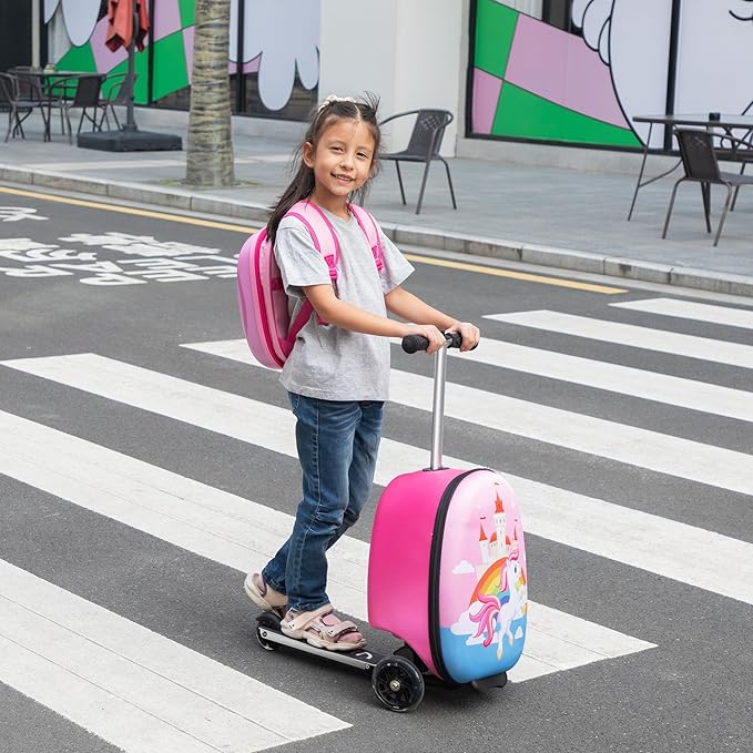 VLIVE Kids Scooter Luggage with Backpack 2-in-1 Set, 30L Ride-On Suitcase + 10L Backpack, Durable EVA Material, Lightweight Foldable, Wheels for Girls Aged 4-8, Unicorn Design