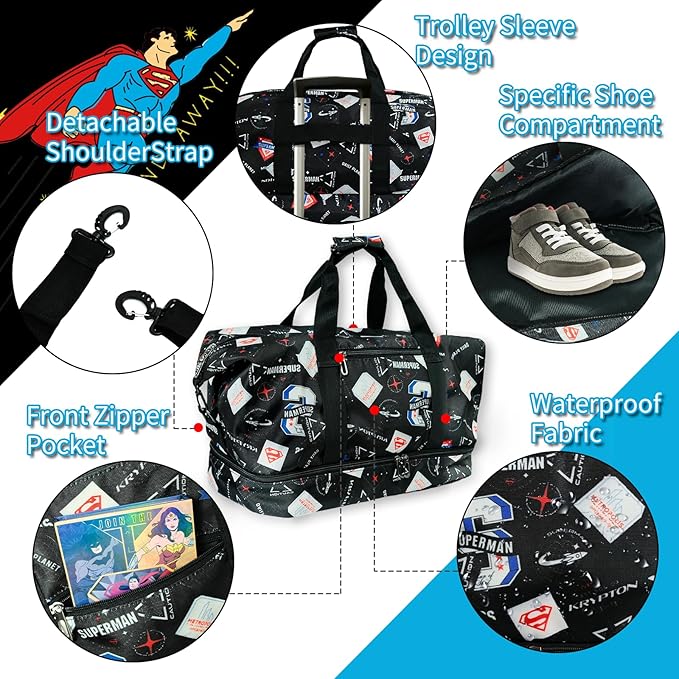 SUPERMAN Travel Duffel Bag with Krypton-Inspired Graphics, Durable Construction, Spacious Storage, Adjustable Shoulder Strap, and Multiple Carrying Options for Fans of Bold Designs