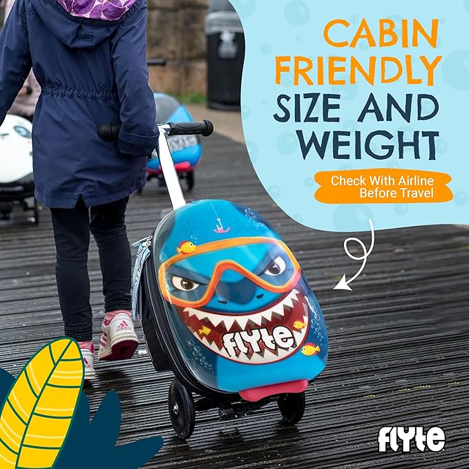 FLYTE Scooter Suitcase Folding Kids Luggage – Stormy the Shark, 18 Inch Hardshell, Ride On with Wheels, 2-in-1, 25 Litre Capacity
