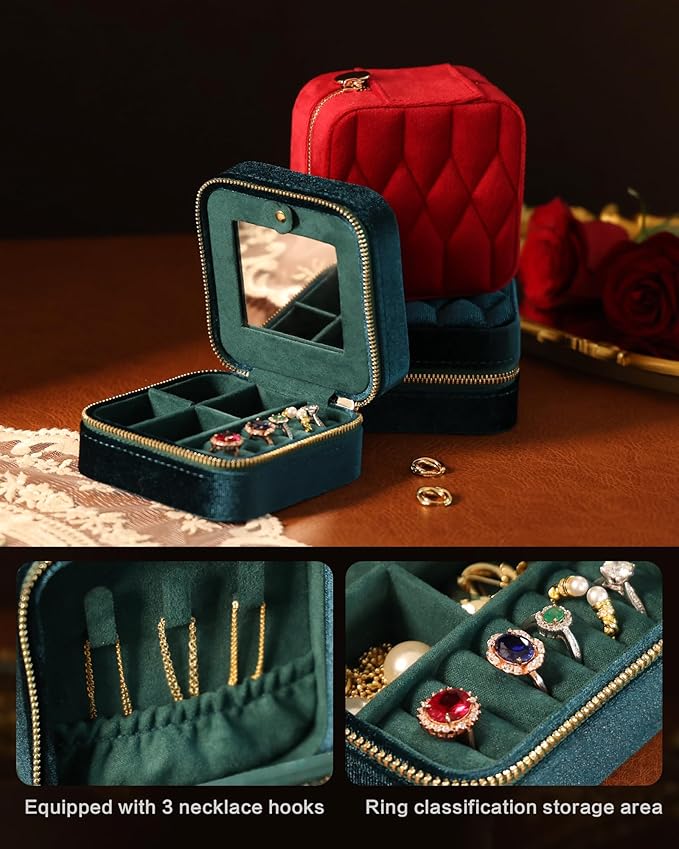 Velvet Jewelry Box – Travel Jewelry Case Organizer with Mirror, Adjustable Compartments for Women | Luxury Storage Case & Gift for Her - Caramel
