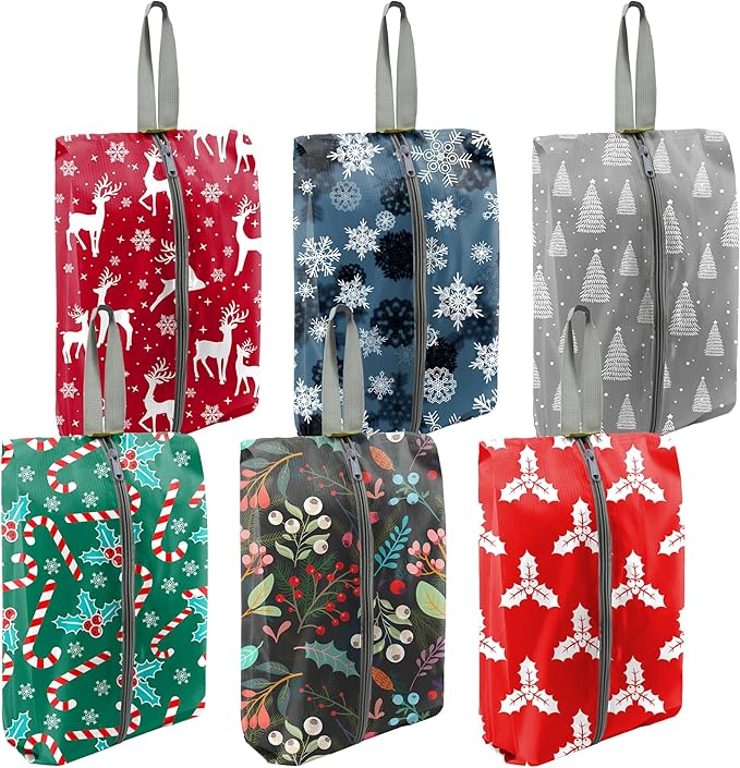 BeeGreen Christmas Shoe Bags 6 Pack for Travel with Handle, Packing Organizers for Suitcase and Luggage,Portable Nylon Storage Accessories for Vacations, Christmas Gifts for Women and Men