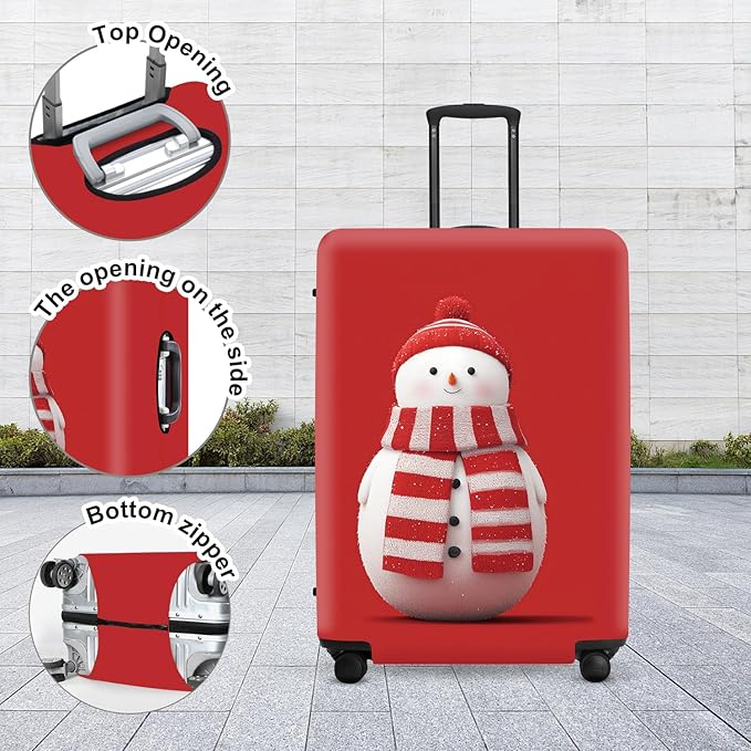 Snowman Christmas Luggage Cover - Red Background with Cute Snowman in Striped Scarf, Simple Stretchable Suitcase Cover 28 30 Inch
