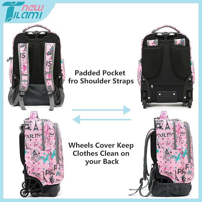 NEW TILAMI 18 Inch Rolling Backpack with Wheels for Girls Boys Kids Laptop Backpack School Travel, Pink Paris Cute