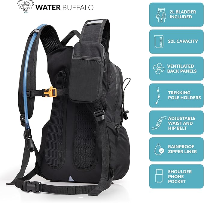 Water Buffalo Hydration Backpack - Sherpa 22L Hiking Backpack with Water Bladder - Water Backpack for Hiking with Waterproof Zippers, Phone & Pole Holders