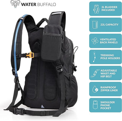 Water Buffalo Hydration Backpack - Sherpa 22L Hiking Backpack with Water Bladder - Water Backpack for Hiking with Waterproof Zippers, Phone & Pole Holders