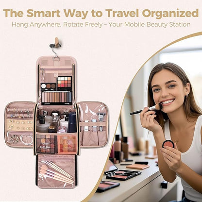Hanging Toiletry Bag & Makeup Bag for Women with Jewelry Organizer - TSA Approved Large Capacity Travel Cosmetic Organizer, Waterproof Shower Essentials Case with Transparent Pockets, Pink
