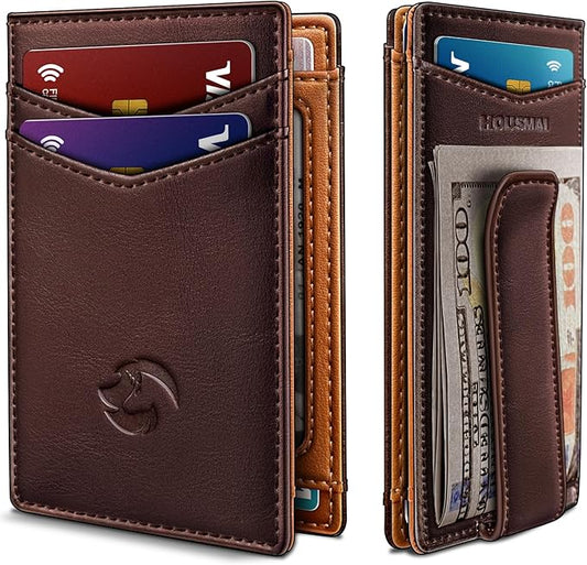 Magnetic Closure Slim Wallet for Men with Money Clip Gift Boxed,Genuine Leather Front Pocket Wallet, 3.9"x 2.7", RFID Blocking
