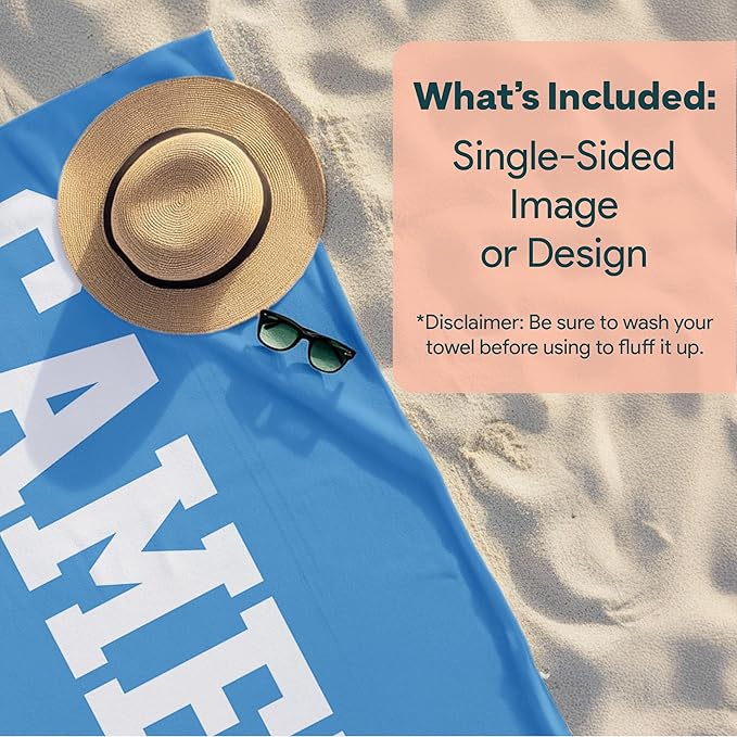 Ships Next Day - Personalized Beach Towel for Kids & Adults - Printed in USA - Custom Towels with Picture and Text - Quick Dry Pool Towels - Cotton/Poly Blend - 30" x 60" - Solid Color