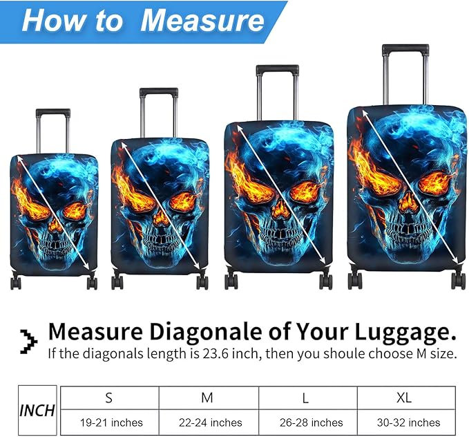 Luggage Cover Protector for 30-32 Inch Suitcases, TSA Approved Elastic Travel Suitcase Covers, Anti-Scratch Washable Luggage Sleeve for Carry On & Checked Bags, Flame Skull