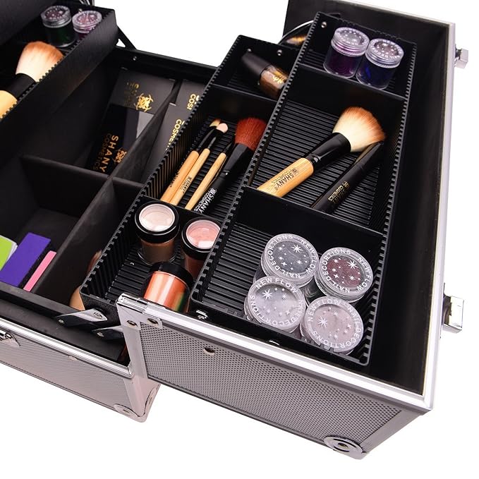 SHANY Essential Pro Makeup Train Case Cosmetic Box Portable Makeup Case Cosmetics Beauty Organizer Jewelry storage with Locks, Multi Compartments Makeup Box and Shoulder Strap - Silver