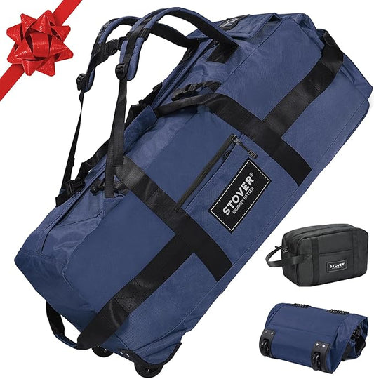 STOVER 80L Rolling Duffel Bag with Wheels, Large Durable Travel Duffle + Toiletry Bag, Heavy Duty, Packable, Foldable with Shoulder Straps- Use as Luggage or Backpack, Men/Women (Navy Blue)