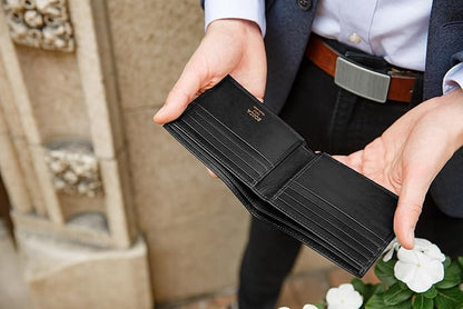 Bosca Men's Old Italian Leather Wallet RFID Blocking Modern Bifold Executive Design 8 Card Slots, Made in Italy - Black