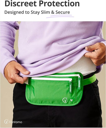 Vantamo Money Belt with RFID For Men & Women, Hidden Passport Holder for Travel, 2 Compartment Travel Fanny Pack for Women Anti Theft