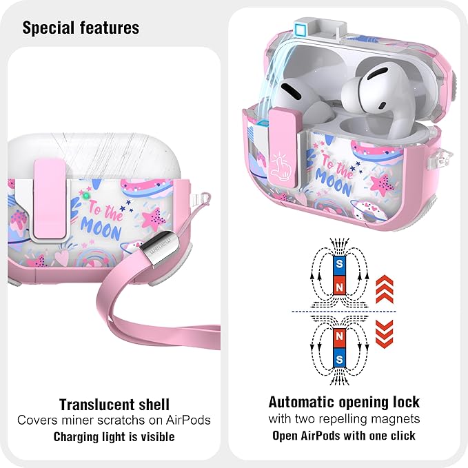 WENEW Case for AirPods Pro & Pro 2 Case Cover Secure Lock Snap Switch Clip Cleaner Kit Lanyard Women Stylish Universe Moon Full Body Hard Shell Front LED Visible (Pink Universe, AirPods Pro & Pro 2)