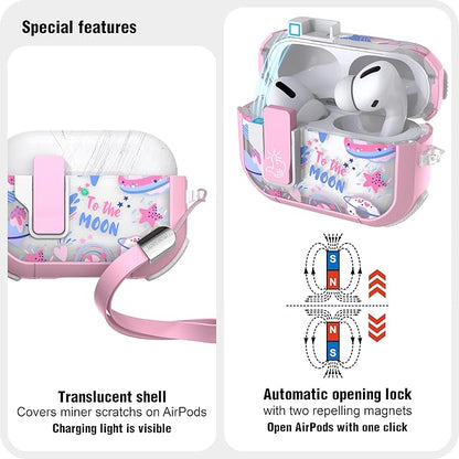 WENEW Case for AirPods Pro & Pro 2 Case Cover Secure Lock Snap Switch Clip Cleaner Kit Lanyard Women Stylish Universe Moon Full Body Hard Shell Front LED Visible (Pink Universe, AirPods Pro & Pro 2)