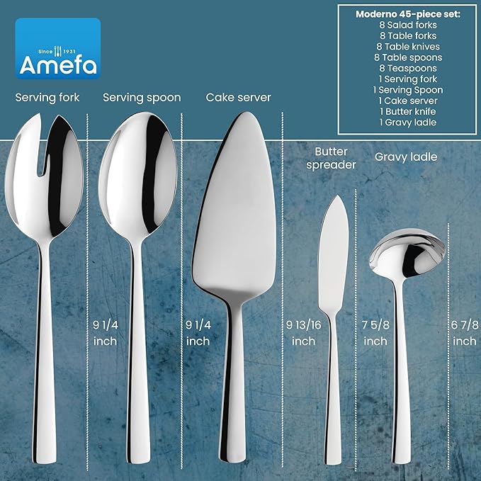 Amefa Moderno 45-Piece Flatware, Set for 8 – Stainless Steel Silverware, High-Gloss Mirror Finish, Rust-Resistant Cutlery with Dinner Forks, Knives, Spoons, Salad Forks & Teaspoons for Home Dining