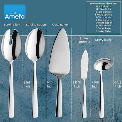 Amefa Moderno 45-Piece Flatware, Set for 8 – Stainless Steel Silverware, High-Gloss Mirror Finish, Rust-Resistant Cutlery with Dinner Forks, Knives, Spoons, Salad Forks & Teaspoons for Home Dining