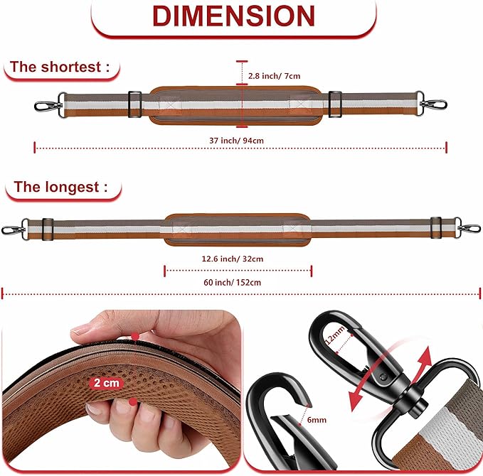 ZINZ 60" Universal Bag Strap with Ultra-Thick Fixed Breathable Pad Adjustable Heavy-Duty Shoulder Strap for Laptop Bag Crossbody Luggage Gym Bag Camera Bag and More -TW01B07