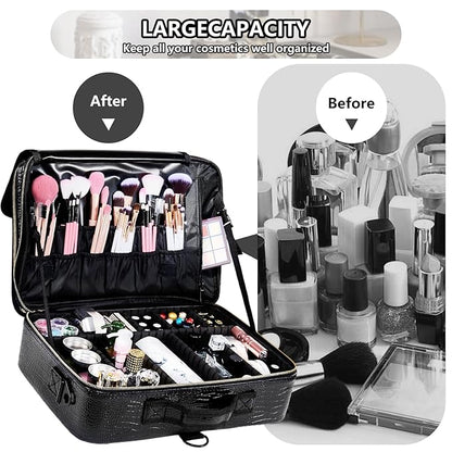 gzcz Large Capacity Travel Makeup Case Organizer,Professional Cosmetic Bags for Women,Waterproof PU Leather Makeup Bag with Adjustable Dividers and Shoulder Strap for Brushes and Jewelry