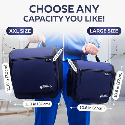 Extra Large (11.8”x11.8”x4”) Hanging Travel Toiletry Bag for Men and Women - Cosmetic Travel Bag With Shoulder Strap - Waterproof Hygiene Bag with Metal Swivel Hook and 19 Compartments for Toiletries