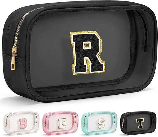 YOOLIFE Initial Travel Makeup Bag Pouch, Clear Toiletry Bag for Women Travel Accessories Cosmetic Bag Skin Care for Teen Make Up Bags Birthday Gifts for Women Unique Teacher Mom Friends Gifts Black R